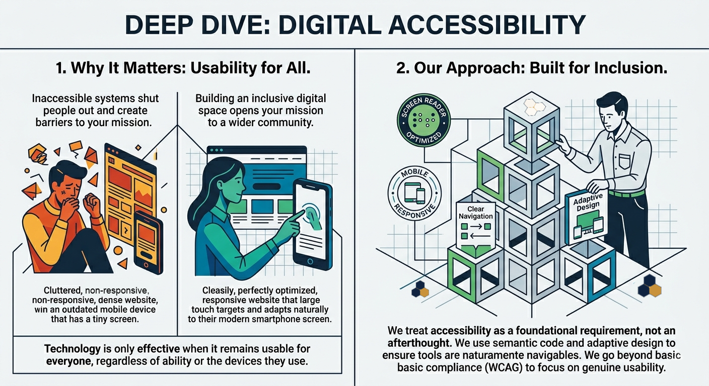 Two-panel infographic titled Deep Dive: Digital Accessibility. Left panel, Why It Matters: Usability for All, contrasts a frustrated user against a broken, cluttered mobile screen with a satisfied user navigating a clean, responsive site, concluding that technology is only effective when usable by everyone. Right panel, Our Approach: Built for Inclusion, shows a person stacking modular building blocks labeled Clear Navigation and Adaptive Design, alongside badges for Screen Reader Optimized and Mobile Responsive, with the note that Common Goodworks treats accessibility as a foundational requirement, not an afterthought.