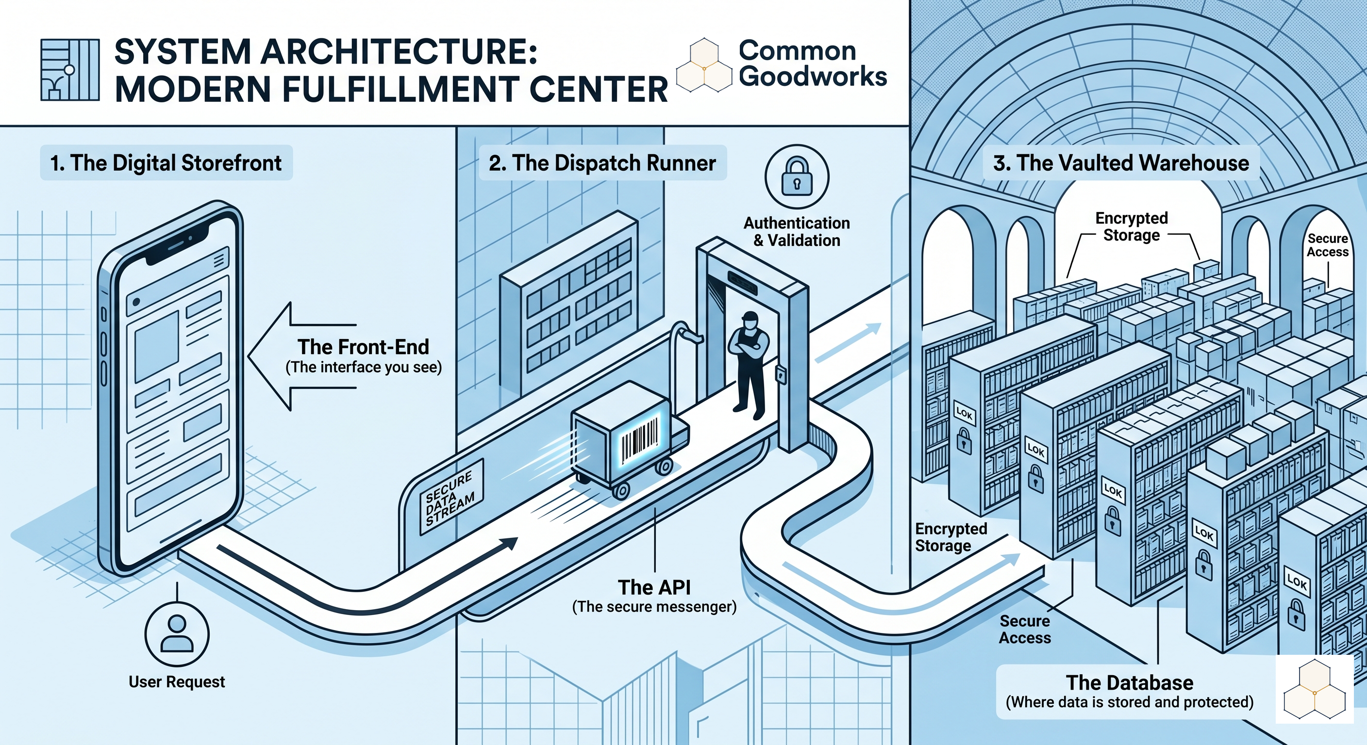 Three-part diagram: a mobile phone as the digital storefront (The Front-End), a secure automated courier as The API (the secure messenger), and a vast organized warehouse as The Database (where data is stored and protected).