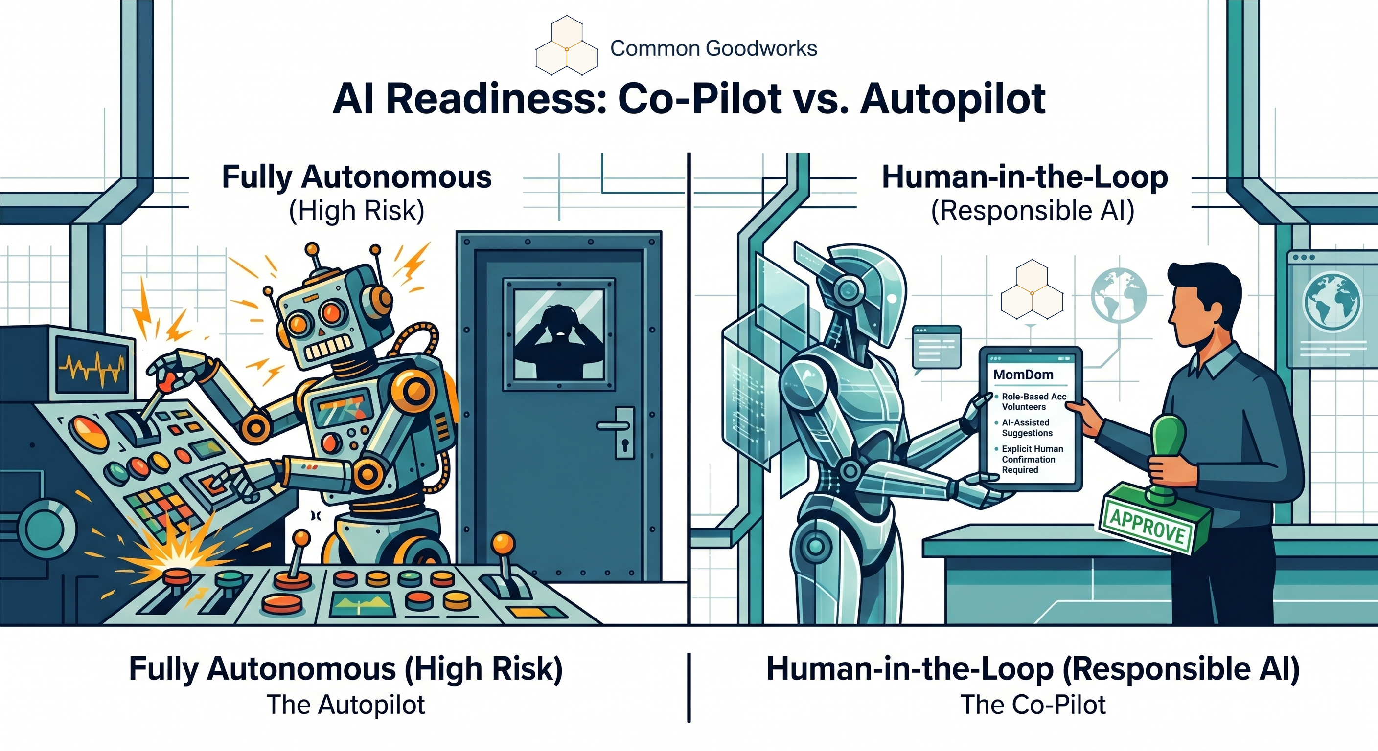 Side-by-side illustration: left shows a robot pressing buttons alone while a human is locked out (Fully Autonomous, High Risk); right shows a robot presenting a clipboard to a human holding an Approve stamp (Human-in-the-Loop, Responsible AI).